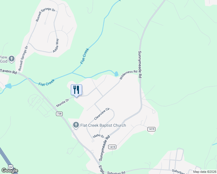 map of restaurants, bars, coffee shops, grocery stores, and more near 151 Wilderness Road in Rustburg