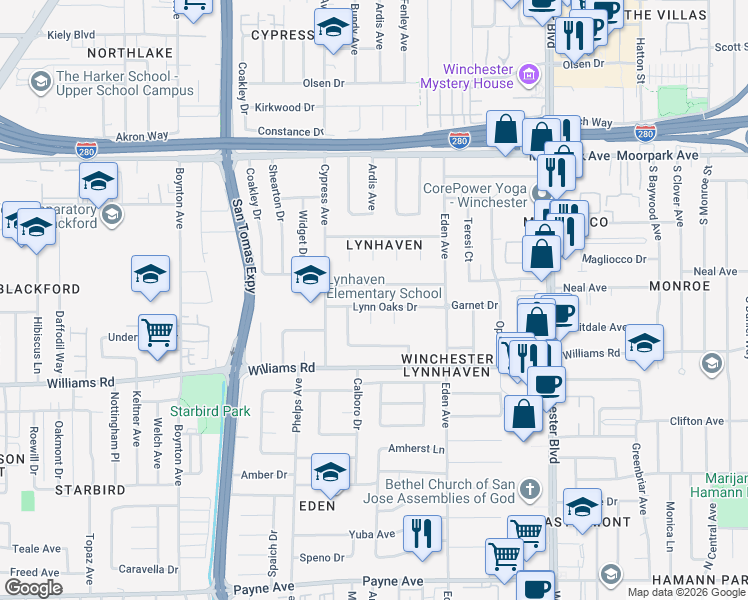 map of restaurants, bars, coffee shops, grocery stores, and more near 3393 Lynn Oaks Drive in San Jose
