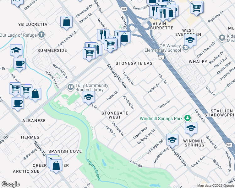map of restaurants, bars, coffee shops, grocery stores, and more near 2566 Boren Drive in San Jose