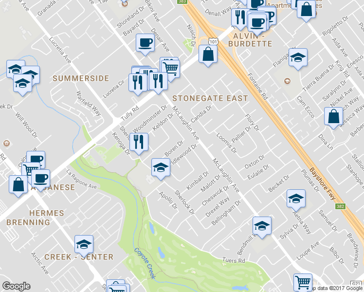 map of restaurants, bars, coffee shops, grocery stores, and more near 2566 Boren Dr in San Jose