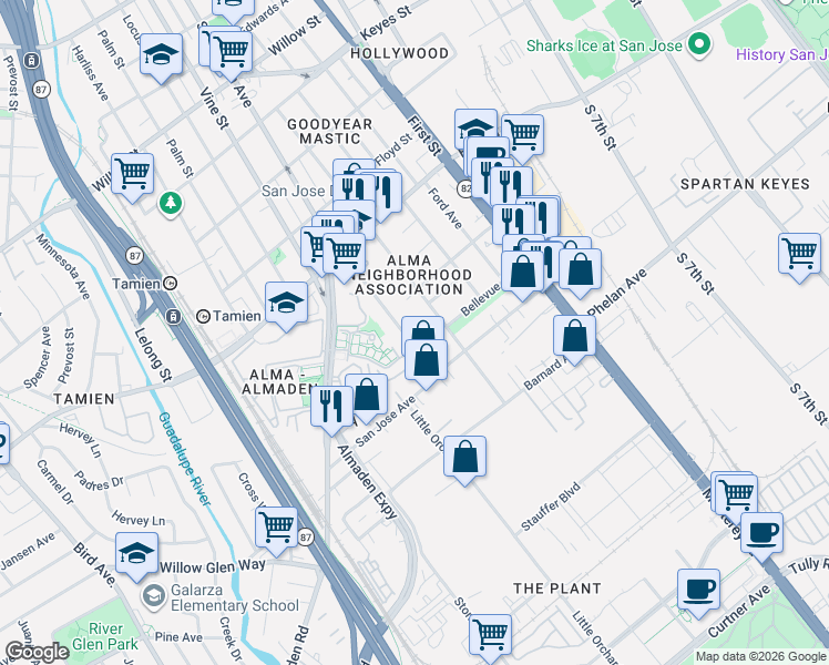 map of restaurants, bars, coffee shops, grocery stores, and more near 1556 Little Orchard Street in San Jose