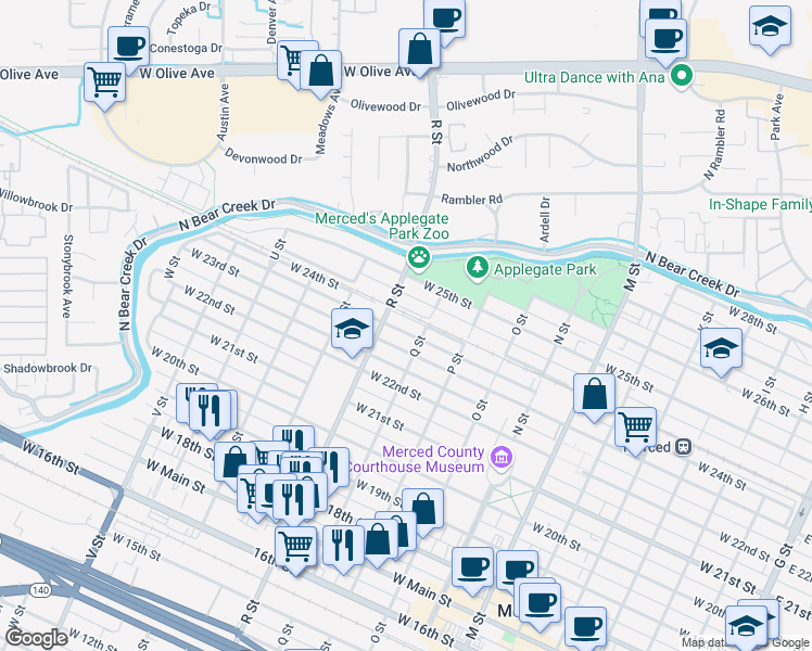 map of restaurants, bars, coffee shops, grocery stores, and more near West 24th Street in Merced