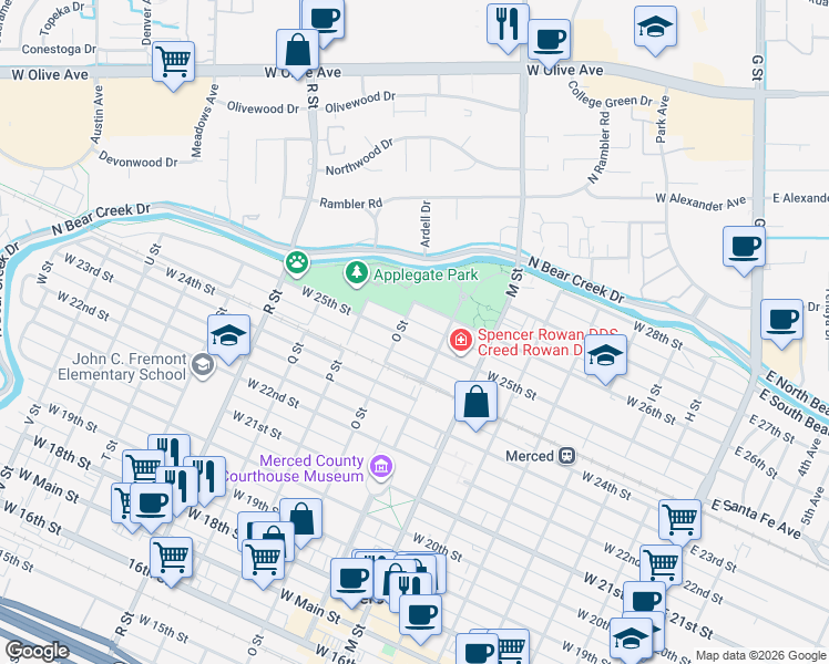 map of restaurants, bars, coffee shops, grocery stores, and more near 745 West 25th Street in Merced