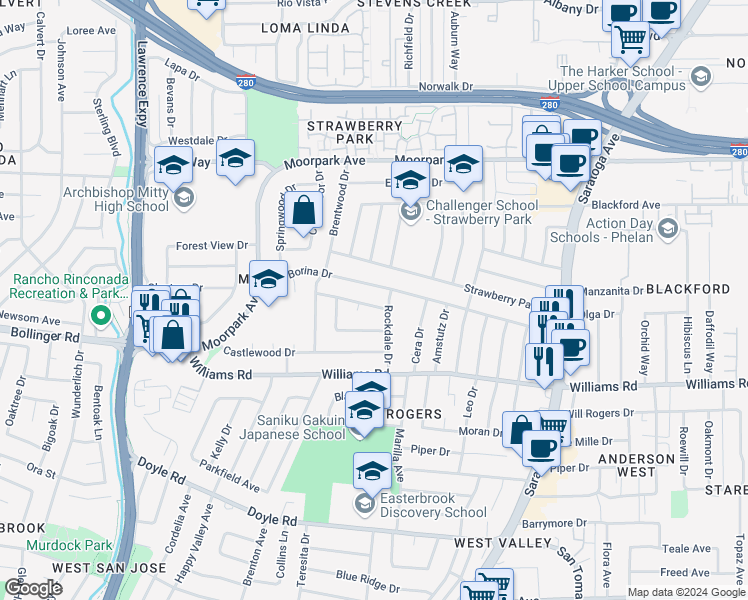 map of restaurants, bars, coffee shops, grocery stores, and more near 4677 Cherrywood Drive in San Jose