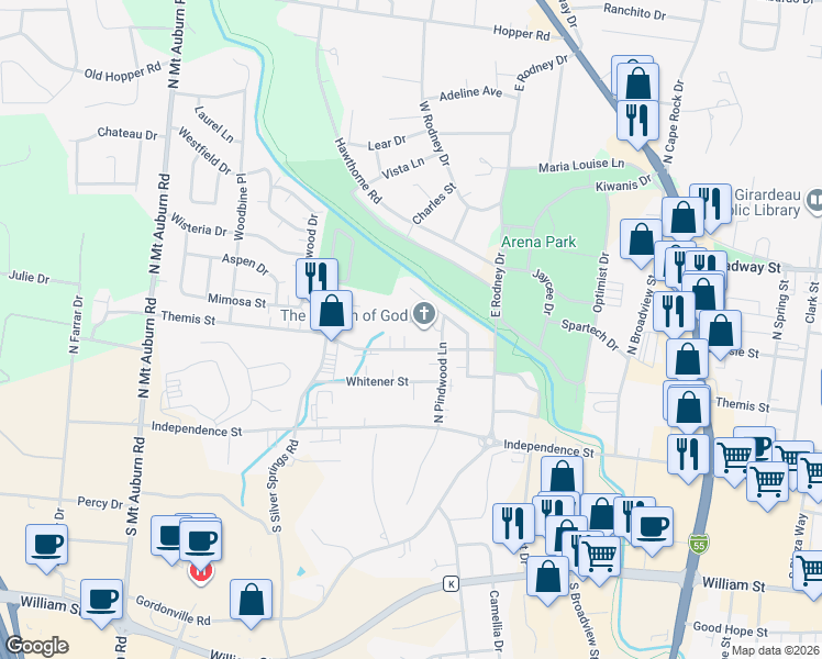 map of restaurants, bars, coffee shops, grocery stores, and more near 2839 Hemlock Court in Cape Girardeau