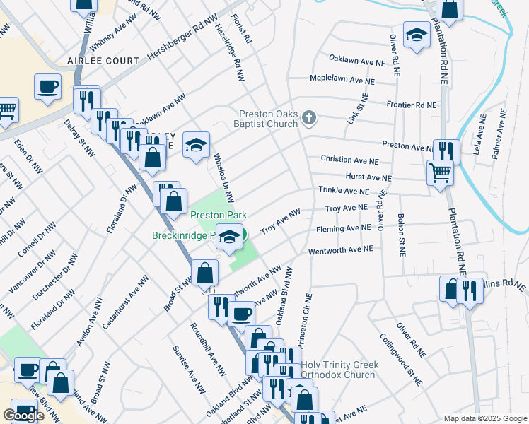 map of restaurants, bars, coffee shops, grocery stores, and more near 3235 Trinkle Avenue Northwest in Roanoke