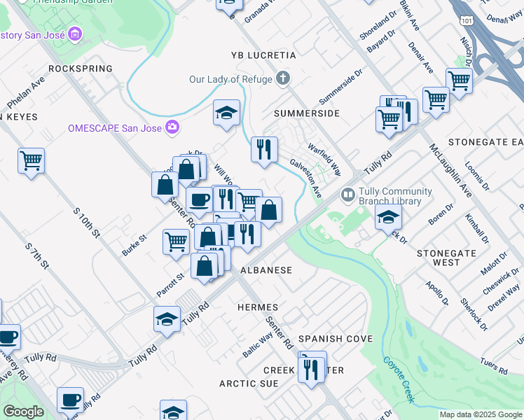 map of restaurants, bars, coffee shops, grocery stores, and more near 650 Quinn Avenue in San Jose