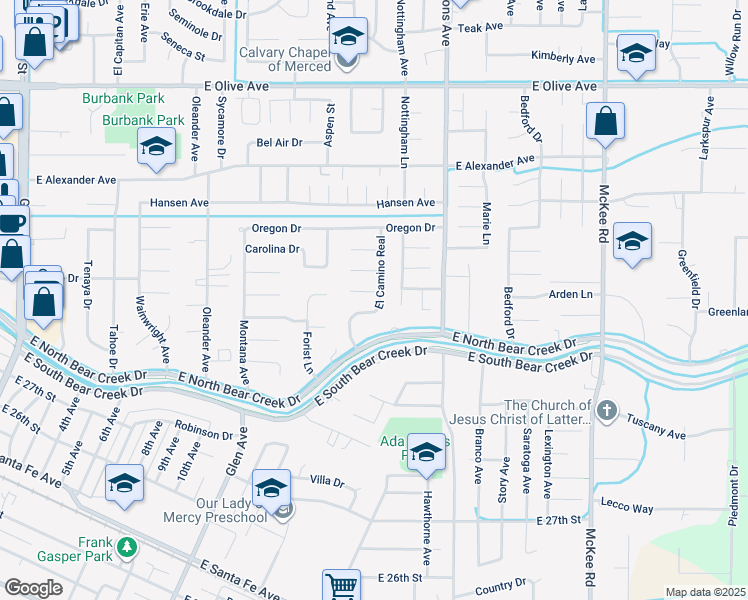 map of restaurants, bars, coffee shops, grocery stores, and more near 2877 El Camino Real in Merced