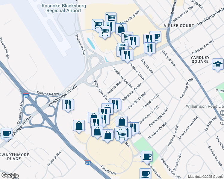 map of restaurants, bars, coffee shops, grocery stores, and more near 2474 Marr Street Northwest in Roanoke