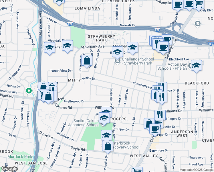 map of restaurants, bars, coffee shops, grocery stores, and more near 4677 Cherrywood Drive in San Jose