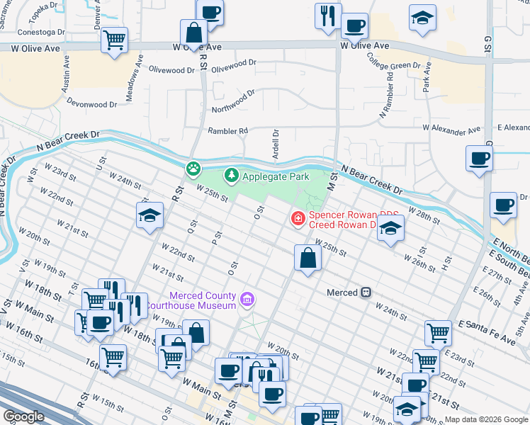 map of restaurants, bars, coffee shops, grocery stores, and more near 761 West 25th Street in Merced