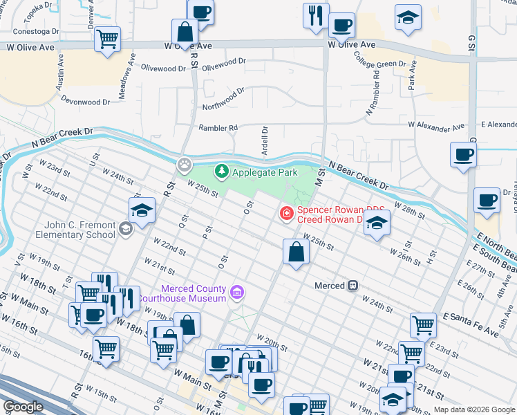 map of restaurants, bars, coffee shops, grocery stores, and more near 761 West 25th Street in Merced