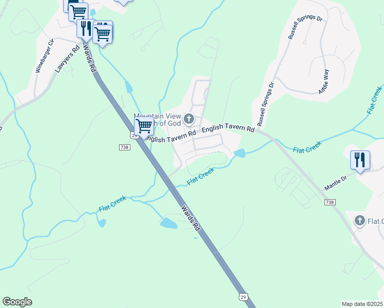 map of restaurants, bars, coffee shops, grocery stores, and more near 54 Shoreline Drive in Lynchburg