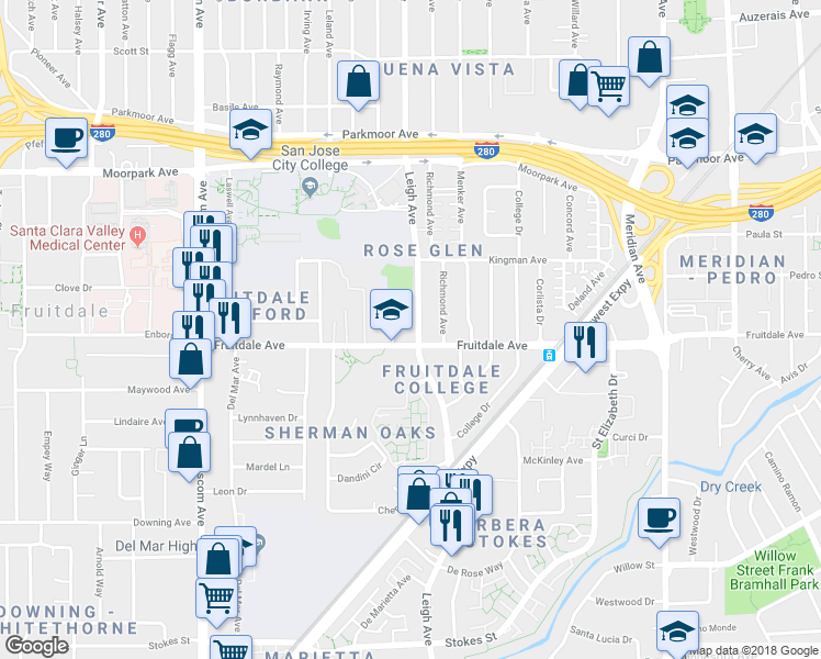 map of restaurants, bars, coffee shops, grocery stores, and more near 1745 Fruitdale Avenue in San Jose
