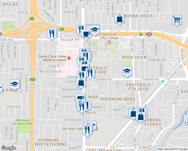 map of restaurants, bars, coffee shops, grocery stores, and more near 2175 Fruitdale Avenue in San Jose
