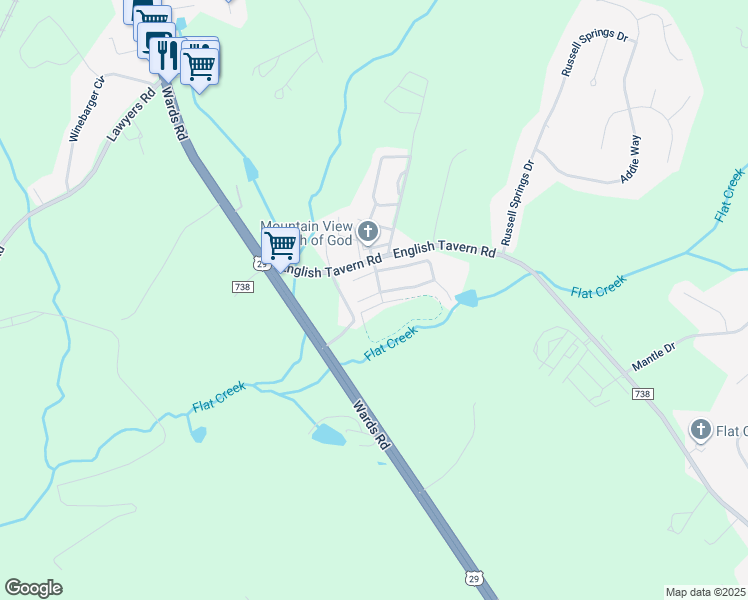 map of restaurants, bars, coffee shops, grocery stores, and more near 54 Shoreline Drive in Lynchburg