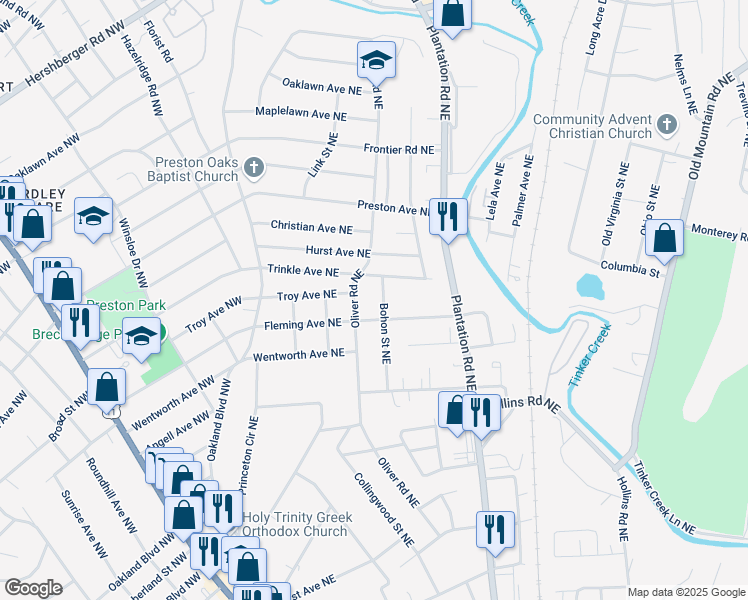 map of restaurants, bars, coffee shops, grocery stores, and more near 3918 Bohon Street Northeast in Roanoke