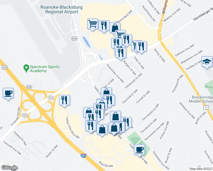 map of restaurants, bars, coffee shops, grocery stores, and more near 2478 Marr Street Northwest in Roanoke