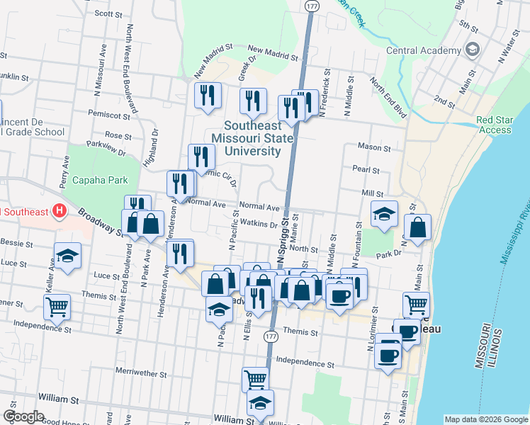 map of restaurants, bars, coffee shops, grocery stores, and more near 738 Watkins Drive in Cape Girardeau