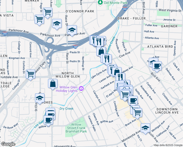 map of restaurants, bars, coffee shops, grocery stores, and more near 101 Glen Eyrie Avenue in San Jose
