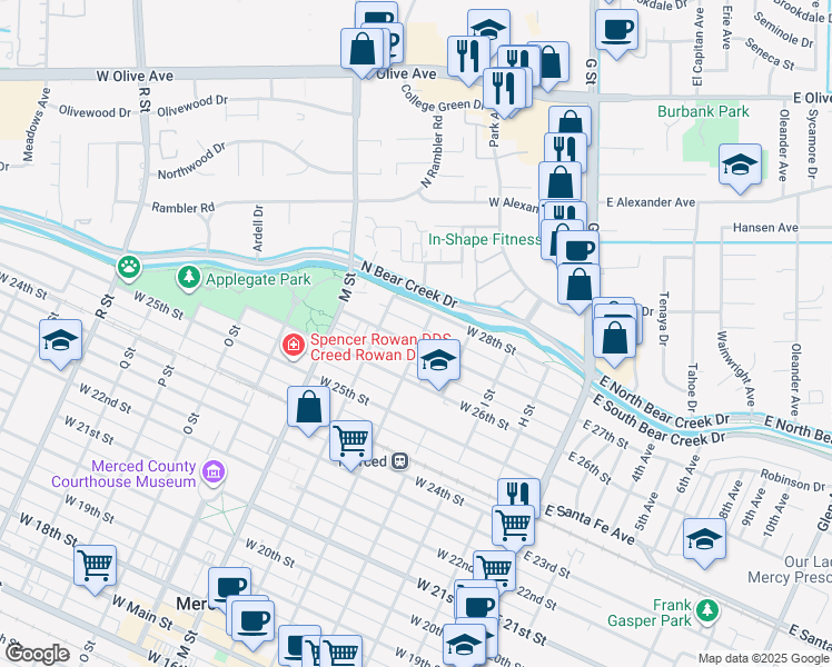 map of restaurants, bars, coffee shops, grocery stores, and more near 2711 K Street in Merced