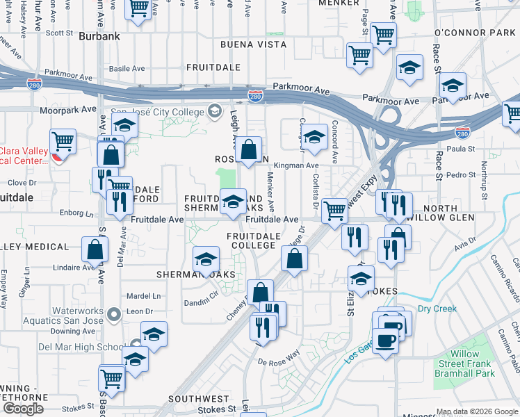 map of restaurants, bars, coffee shops, grocery stores, and more near 870 Richmond Avenue in San Jose