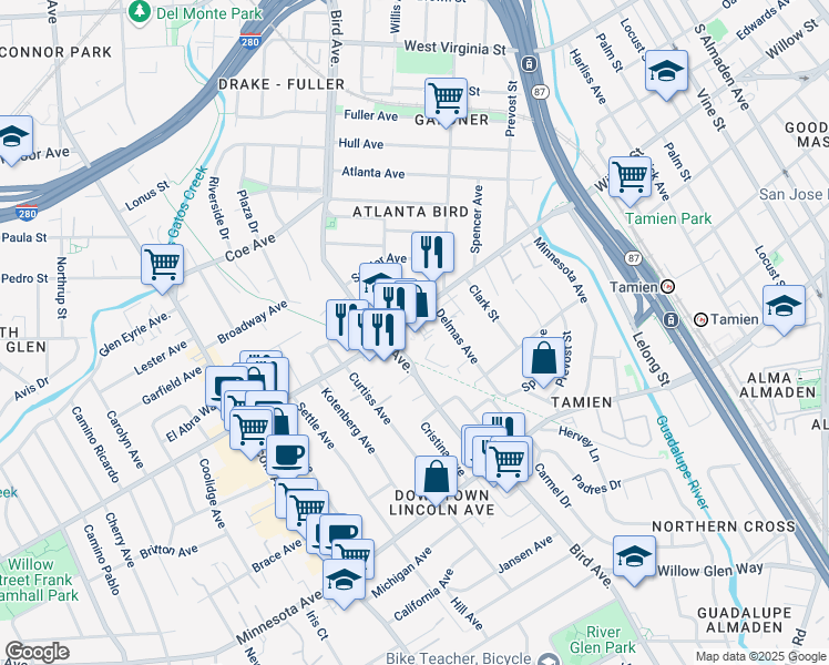 map of restaurants, bars, coffee shops, grocery stores, and more near 1130 Bird Avenue in San Jose