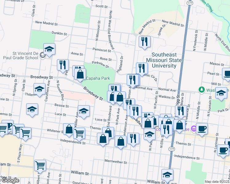 map of restaurants, bars, coffee shops, grocery stores, and more near 542 North West End Boulevard in Cape Girardeau