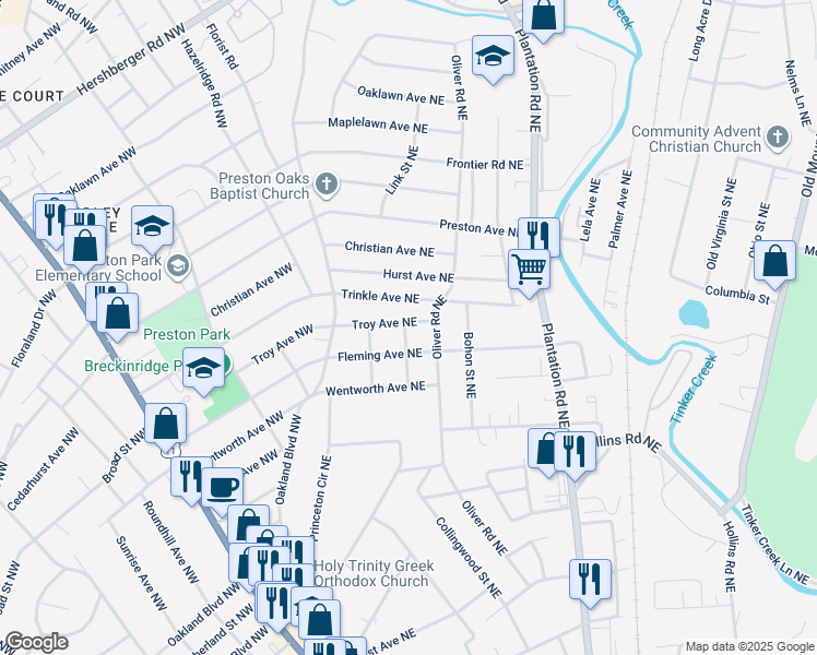 map of restaurants, bars, coffee shops, grocery stores, and more near 303 Troy Avenue Northeast in Roanoke