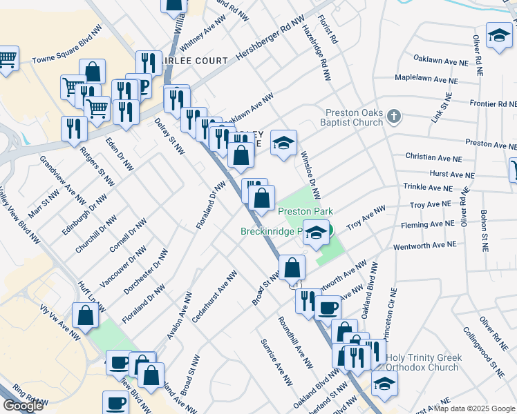 map of restaurants, bars, coffee shops, grocery stores, and more near 4201 Williamson Road in Roanoke