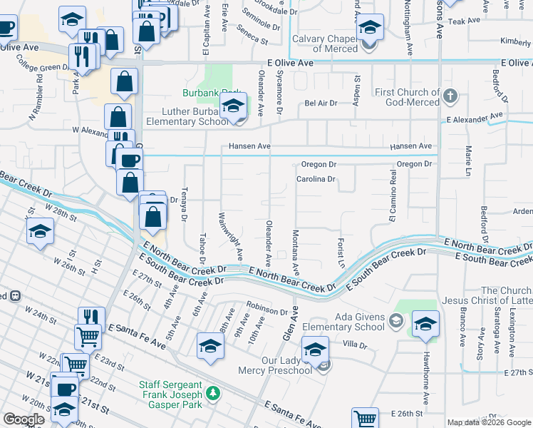 map of restaurants, bars, coffee shops, grocery stores, and more near 2875 Oleander Avenue in Merced