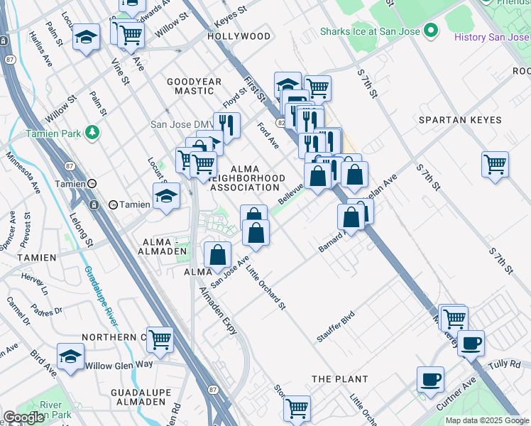 map of restaurants, bars, coffee shops, grocery stores, and more near 1595 Pomona Avenue in San Jose
