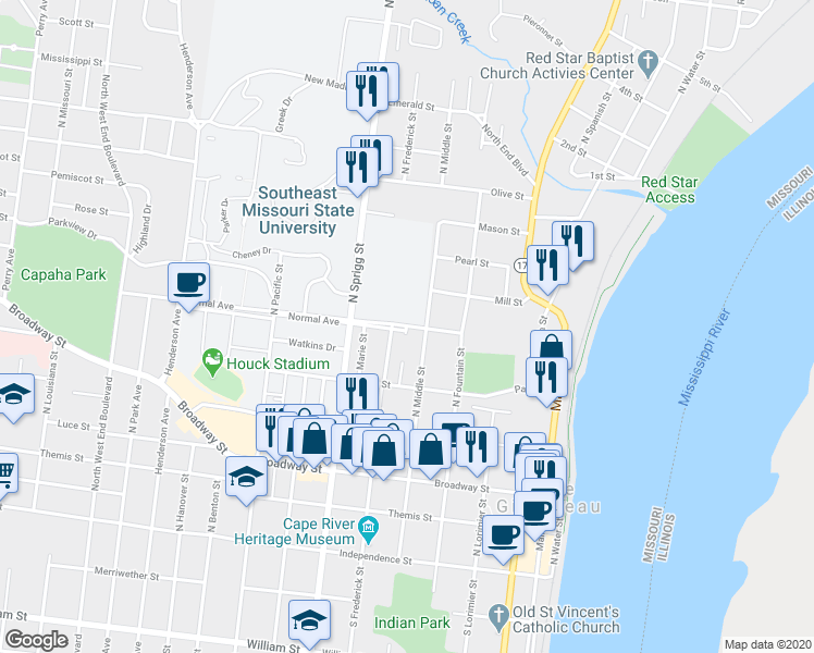 map of restaurants, bars, coffee shops, grocery stores, and more near Washington Avenue in Cape Girardeau
