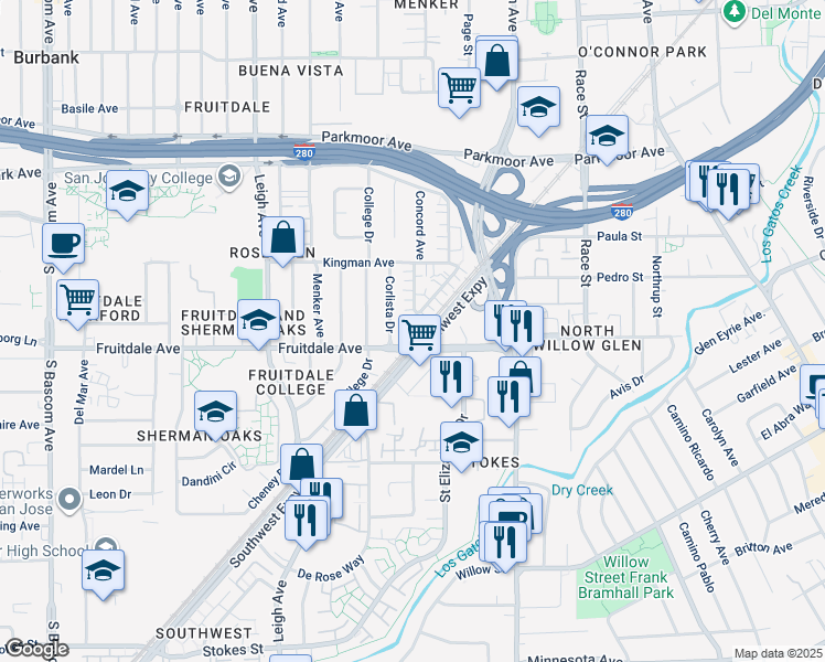 map of restaurants, bars, coffee shops, grocery stores, and more near 1489 Fruitdale Avenue in San Jose