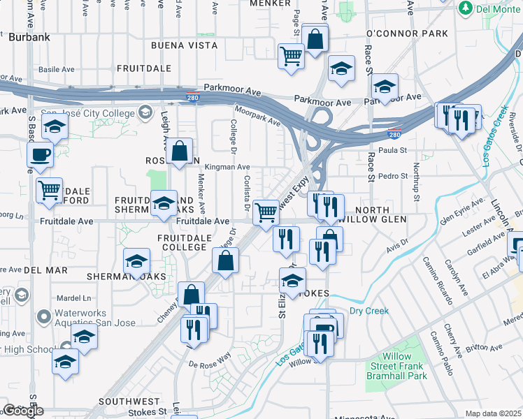map of restaurants, bars, coffee shops, grocery stores, and more near 1445 Fruitdale Avenue in San Jose