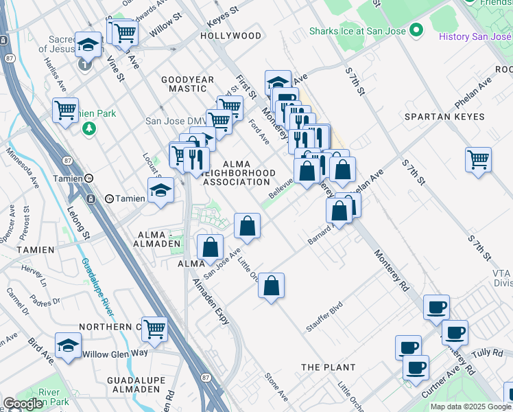 map of restaurants, bars, coffee shops, grocery stores, and more near 1616 Pomona Avenue in San Jose