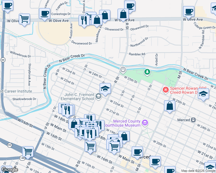 map of restaurants, bars, coffee shops, grocery stores, and more near in Merced