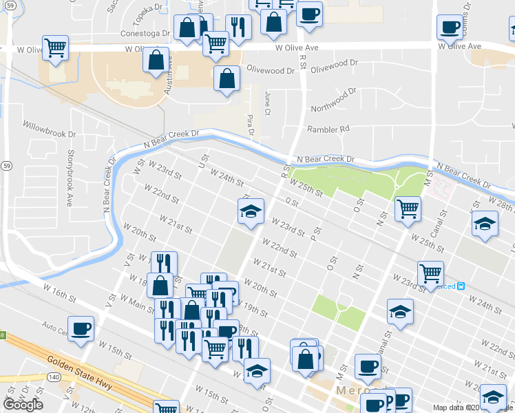 map of restaurants, bars, coffee shops, grocery stores, and more near 1127 West 23rd Street in Merced