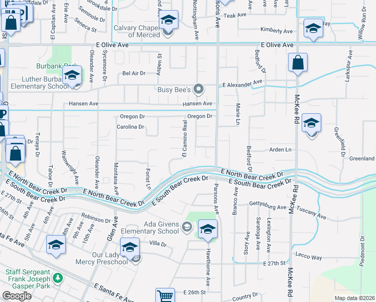 map of restaurants, bars, coffee shops, grocery stores, and more near 2882 El Camino Real in Merced