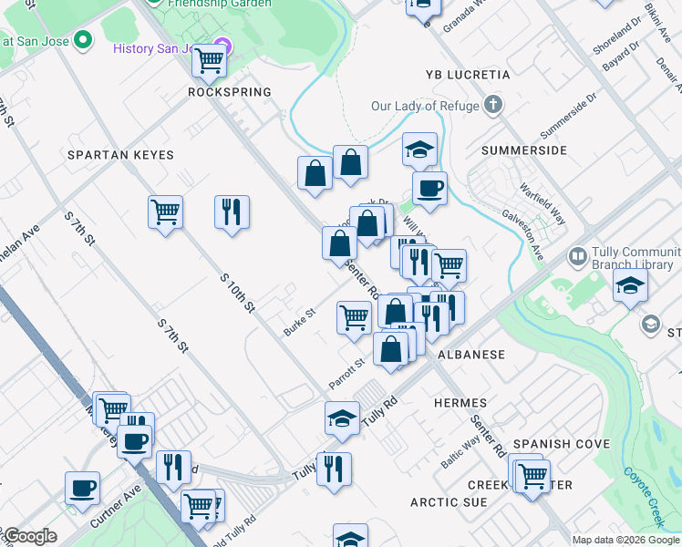 map of restaurants, bars, coffee shops, grocery stores, and more near 577 Burke Street in San Jose