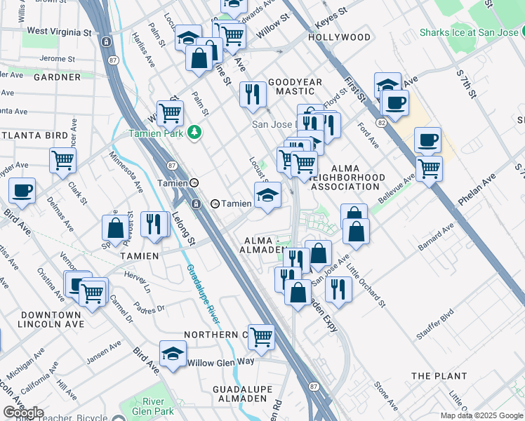 map of restaurants, bars, coffee shops, grocery stores, and more near 373 Shadow Run Drive in San Jose