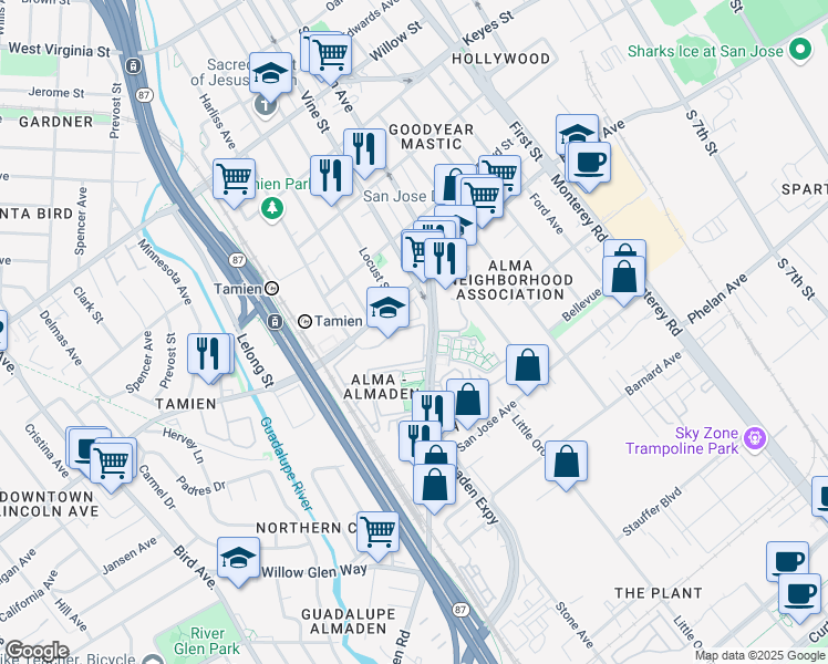 map of restaurants, bars, coffee shops, grocery stores, and more near 286 Shadow Run Drive in San Jose