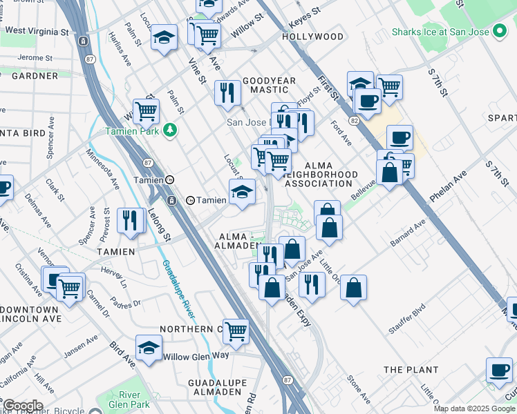 map of restaurants, bars, coffee shops, grocery stores, and more near 286 Shadow Run Drive in San Jose