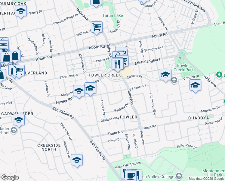 map of restaurants, bars, coffee shops, grocery stores, and more near 4077 Lawther Court in San Jose