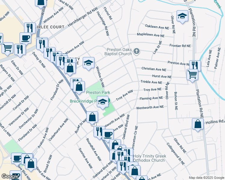 map of restaurants, bars, coffee shops, grocery stores, and more near 3224 Trinkle Avenue Northwest in Roanoke