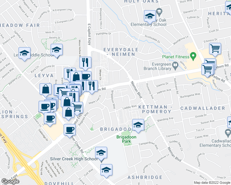 map of restaurants, bars, coffee shops, grocery stores, and more near 3211 Halbreath Court in San Jose