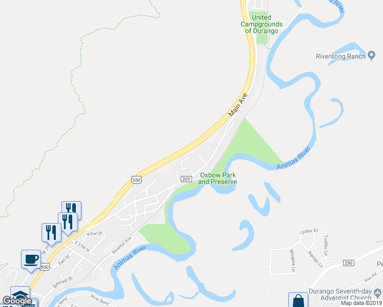 map of restaurants, bars, coffee shops, grocery stores, and more near 601 Animas View Drive in Durango