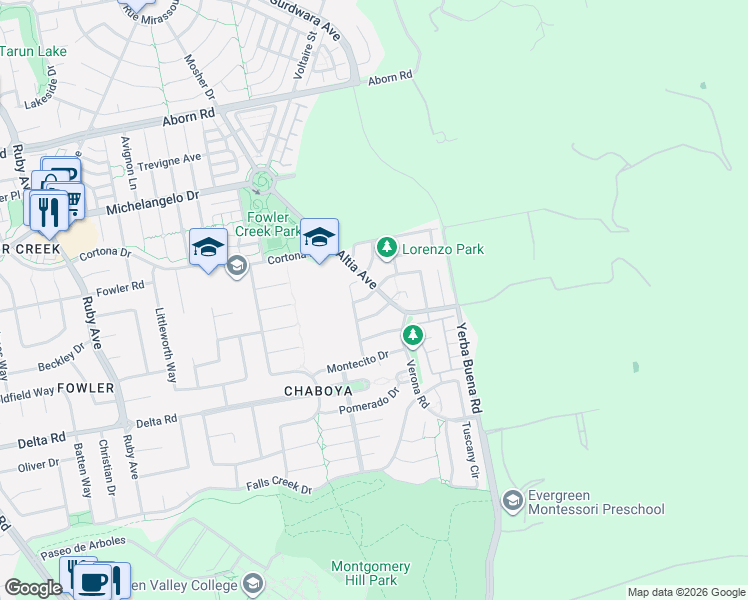 map of restaurants, bars, coffee shops, grocery stores, and more near 3307 Monte Verde Lane in San Jose