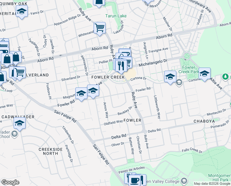 map of restaurants, bars, coffee shops, grocery stores, and more near 4077 Lawther Court in San Jose