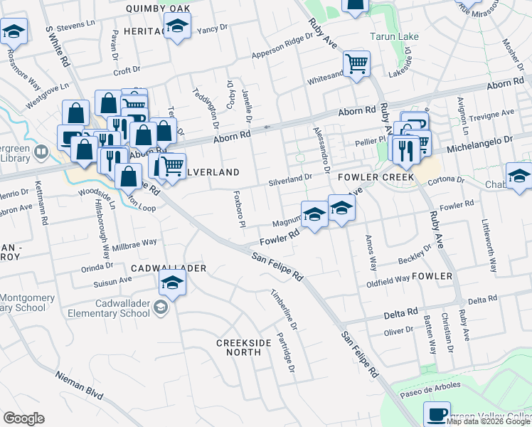 map of restaurants, bars, coffee shops, grocery stores, and more near 3007 Magnum Drive in San Jose